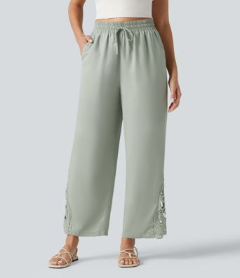 Pantalon large fluide décontracté taille haute à cordon de serrage en lyocell mélangé lin avec poches