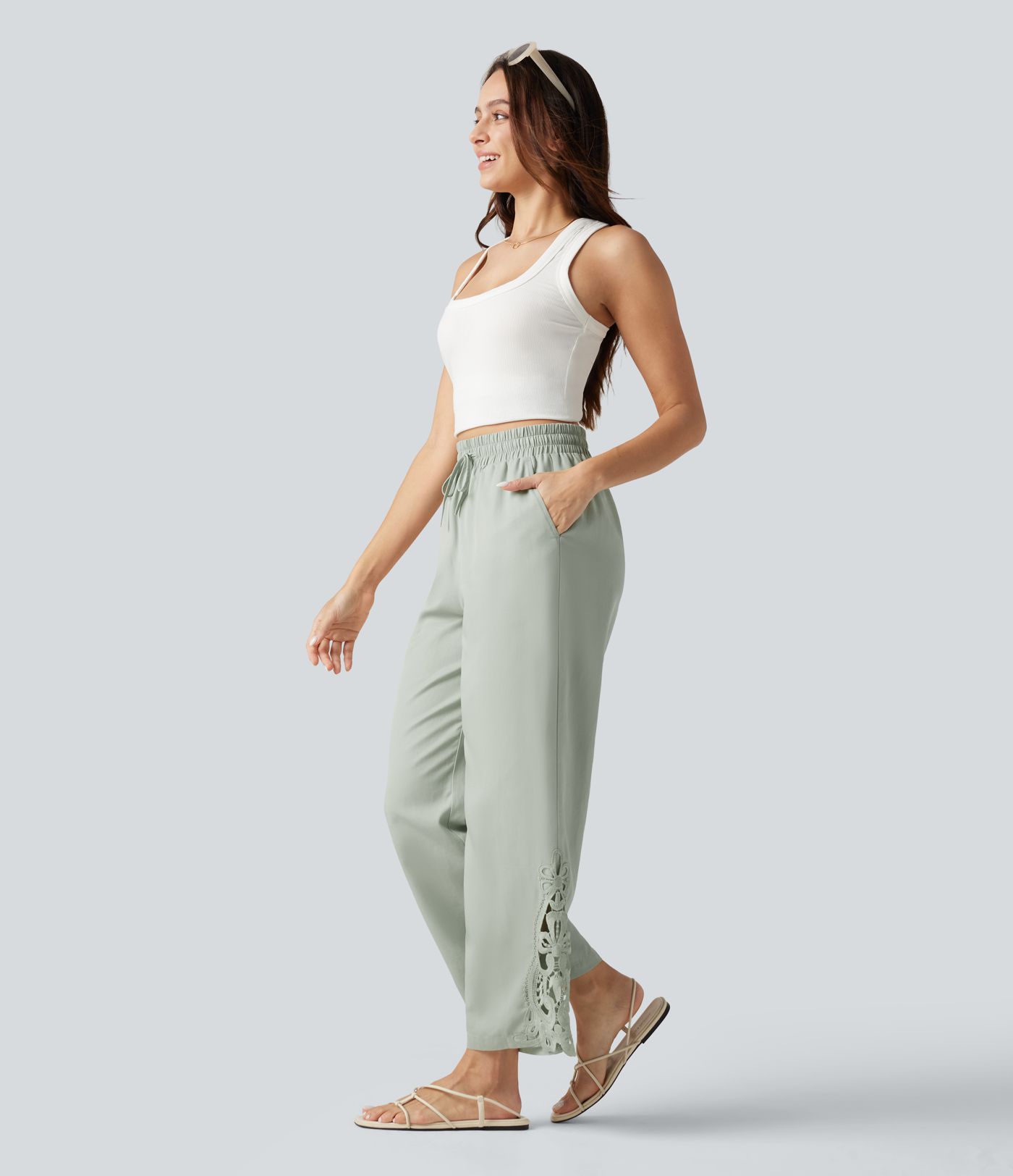 Pantalon large fluide décontracté taille haute à cordon de serrage en lyocell mélangé lin avec poches