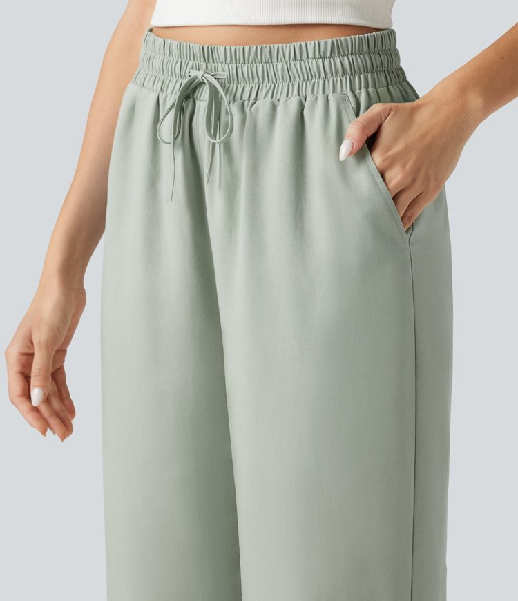 Pantalon large fluide décontracté taille haute à cordon de serrage en lyocell mélangé lin avec poches