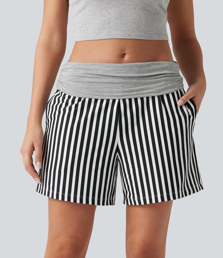Low Rise Ruched Stripes Resort Baggy Shorts with Pockets