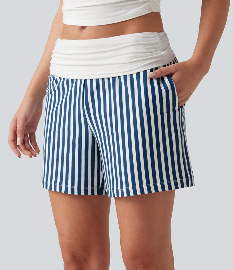 Short ample taille basse froncé à rayures avec poches, style vacances