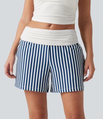 Short ample taille basse froncé à rayures avec poches, style vacances