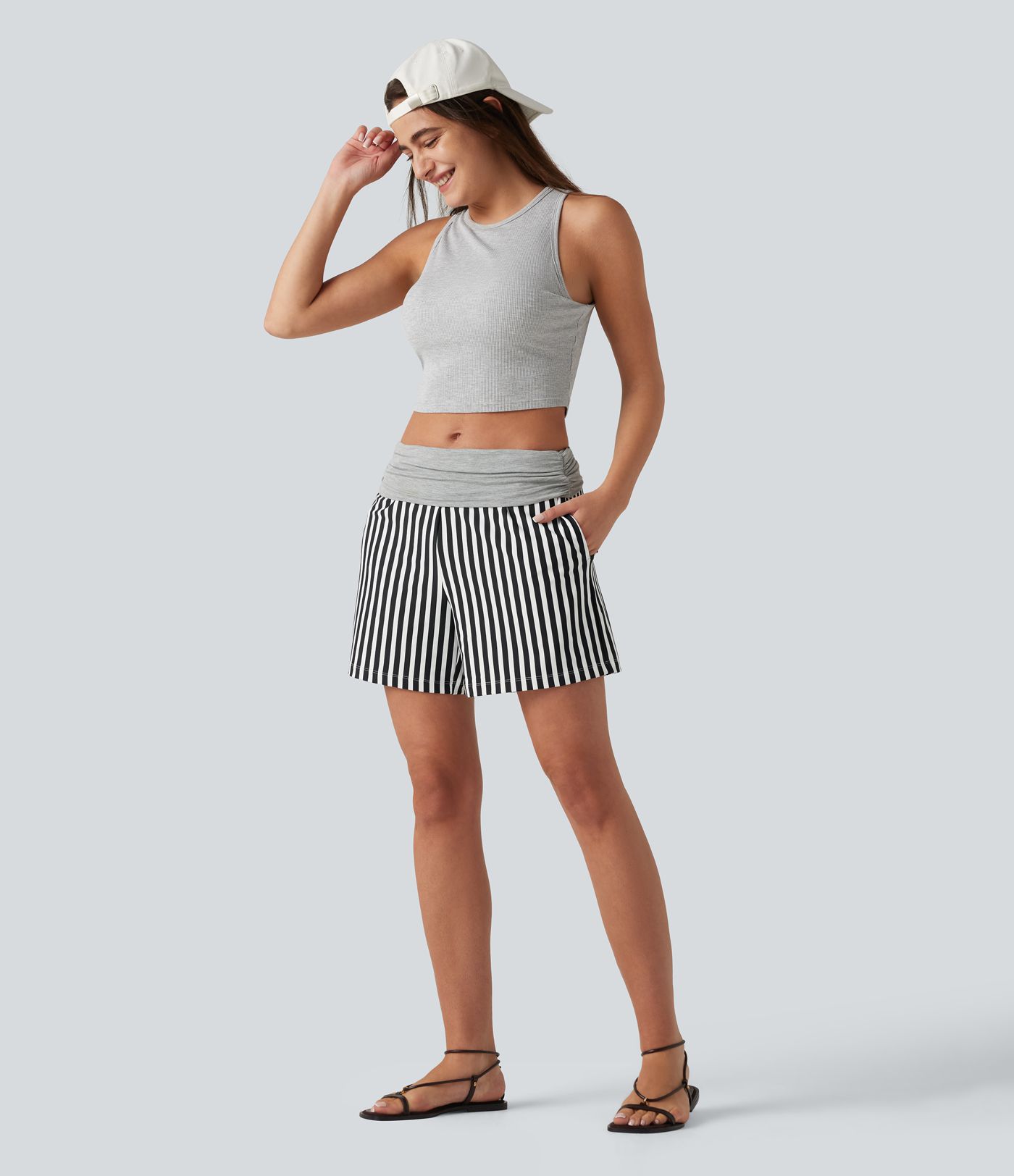 Low Rise Ruched Stripes Resort Baggy Shorts with Pockets