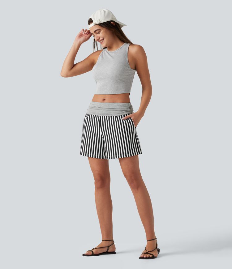 Low Rise Ruched Stripes Resort Baggy Shorts with Pockets