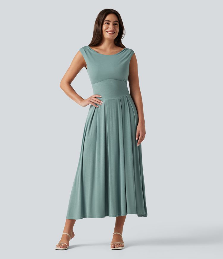 Ribbed Off Shoulder Tummy Control Midi Casual Flowy Dress
