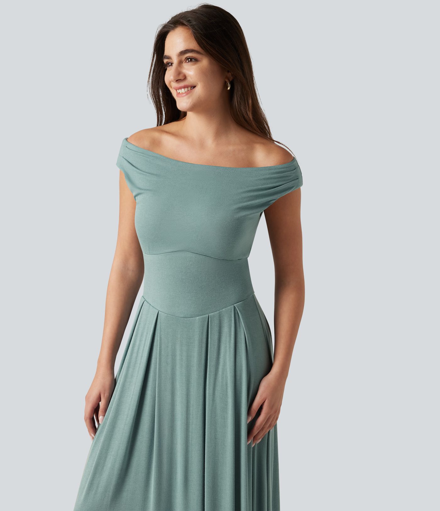 Ribbed Off Shoulder Tummy Control Midi Casual Flowy Dress