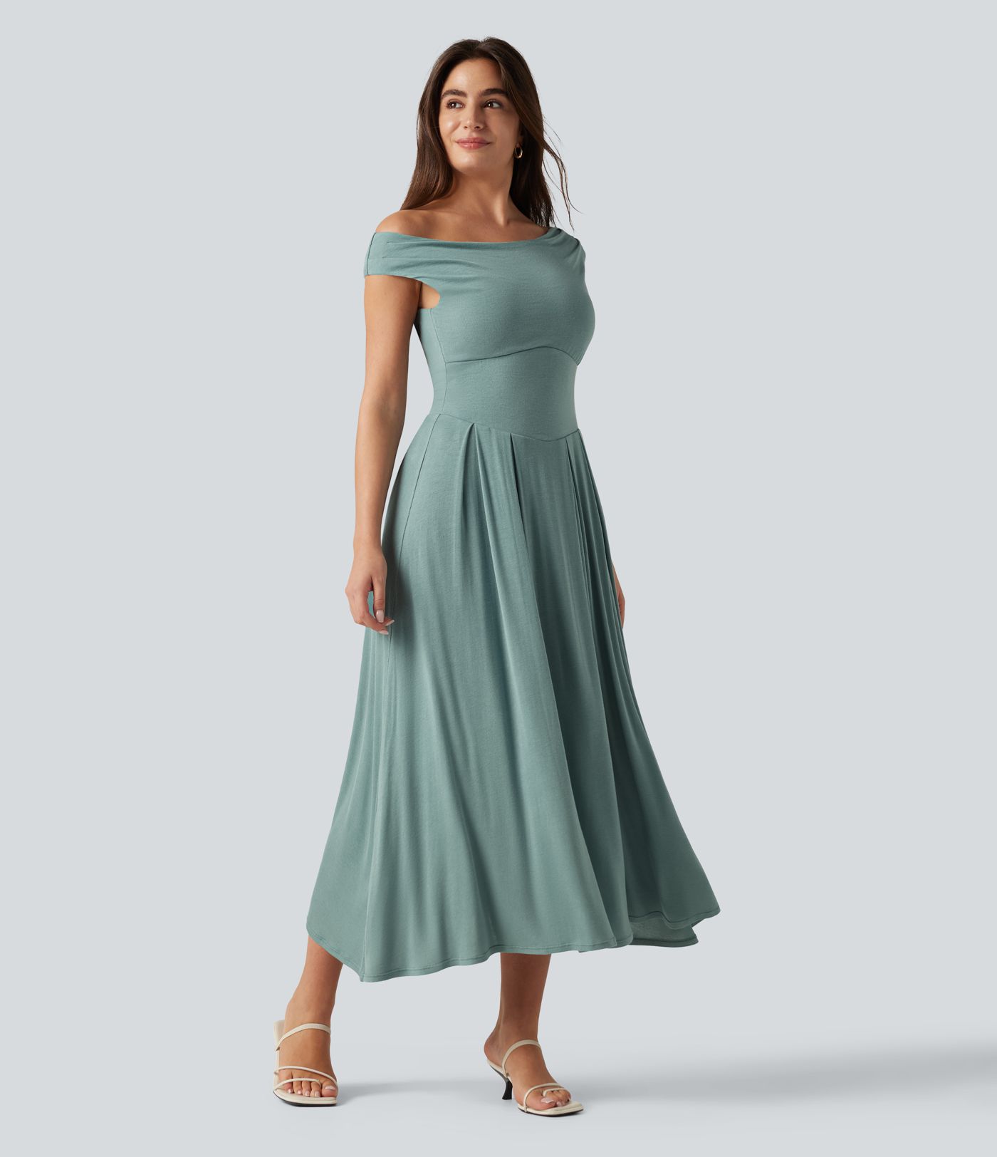 Ribbed Off Shoulder Tummy Control Midi Casual Flowy Dress