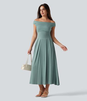 Ribbed Off Shoulder Tummy Control Midi Casual Flowy Dress