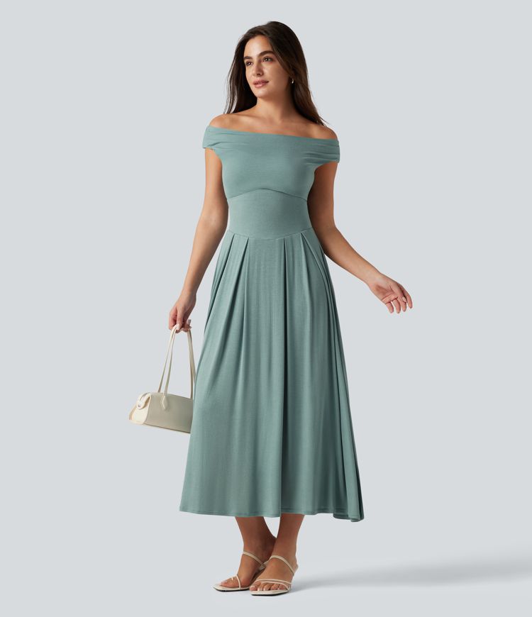 Ribbed Off Shoulder Tummy Control Midi Casual Flowy Dress