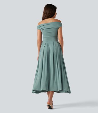 Ribbed Off Shoulder Tummy Control Midi Casual Flowy Dress