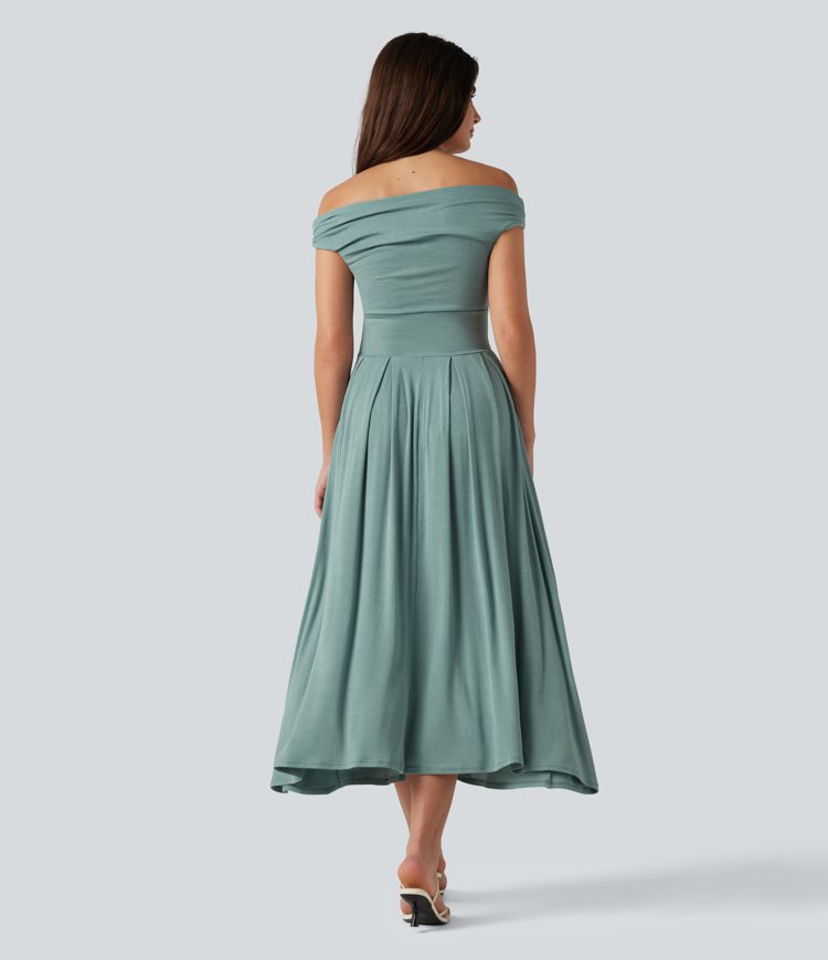 Ribbed Off Shoulder Tummy Control Midi Casual Flowy Dress