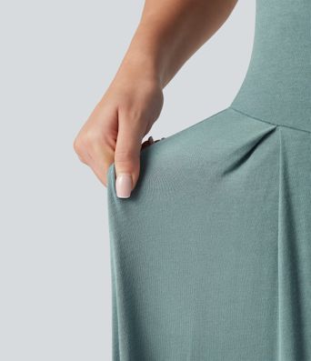 Ribbed Off Shoulder Tummy Control Midi Casual Flowy Dress