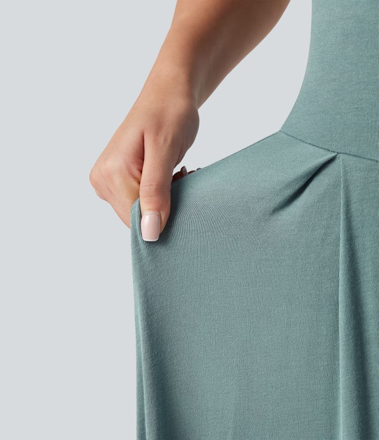 Ribbed Off Shoulder Tummy Control Midi Casual Flowy Dress