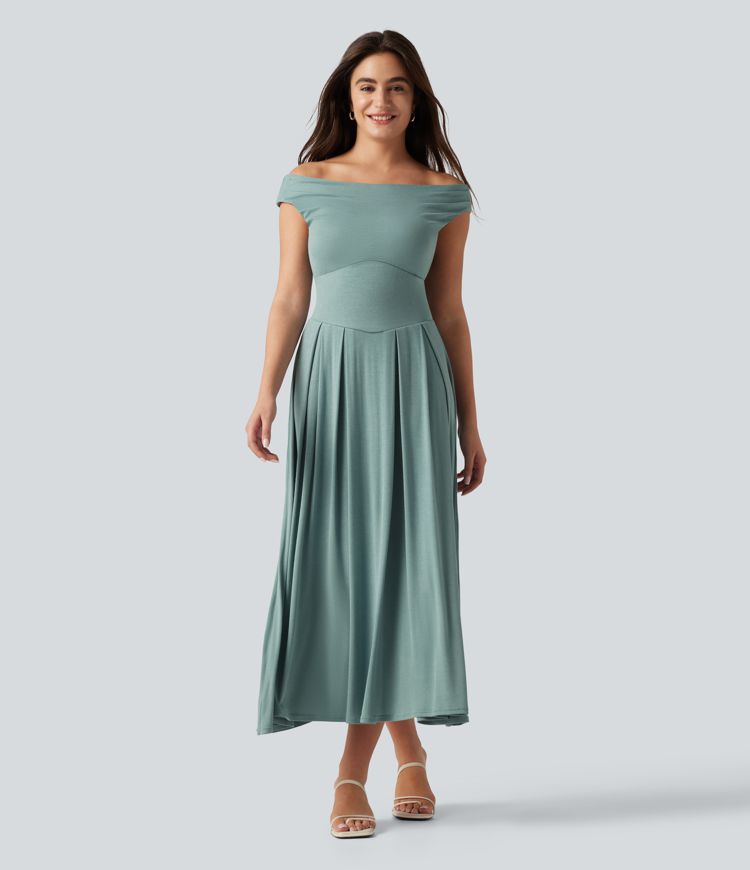 Ribbed Off Shoulder Tummy Control Midi Casual Flowy Dress