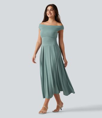 Ribbed Off Shoulder Tummy Control Midi Casual Flowy Dress