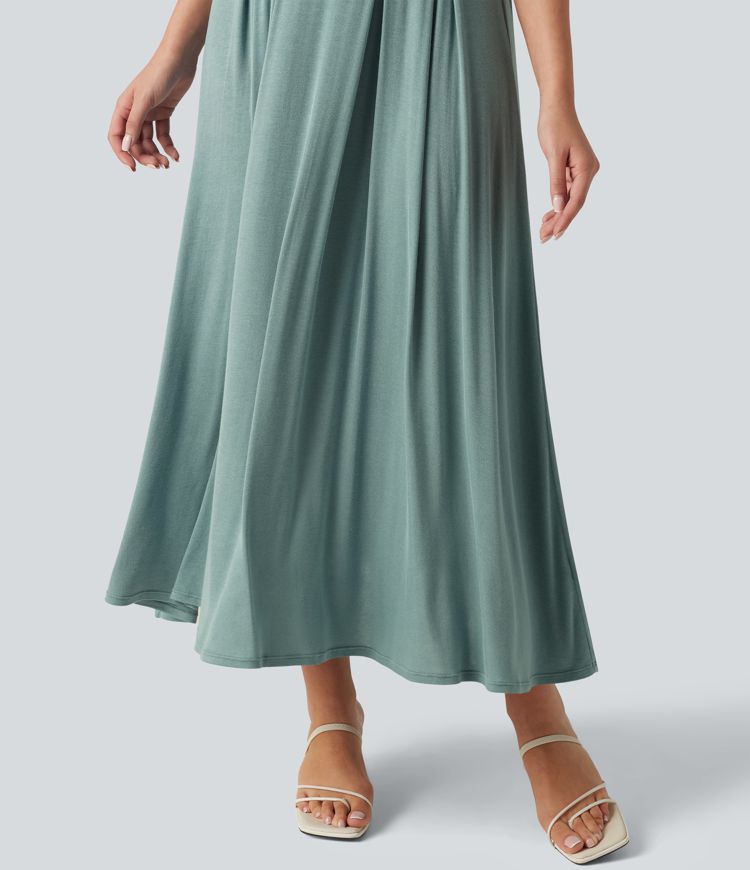 Ribbed Off Shoulder Tummy Control Midi Casual Flowy Dress