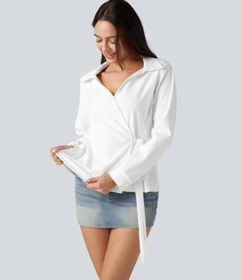 Long Sleeve Tie-side Contrast Lace Wrinkle-resistant Quick Dry Work Shirt