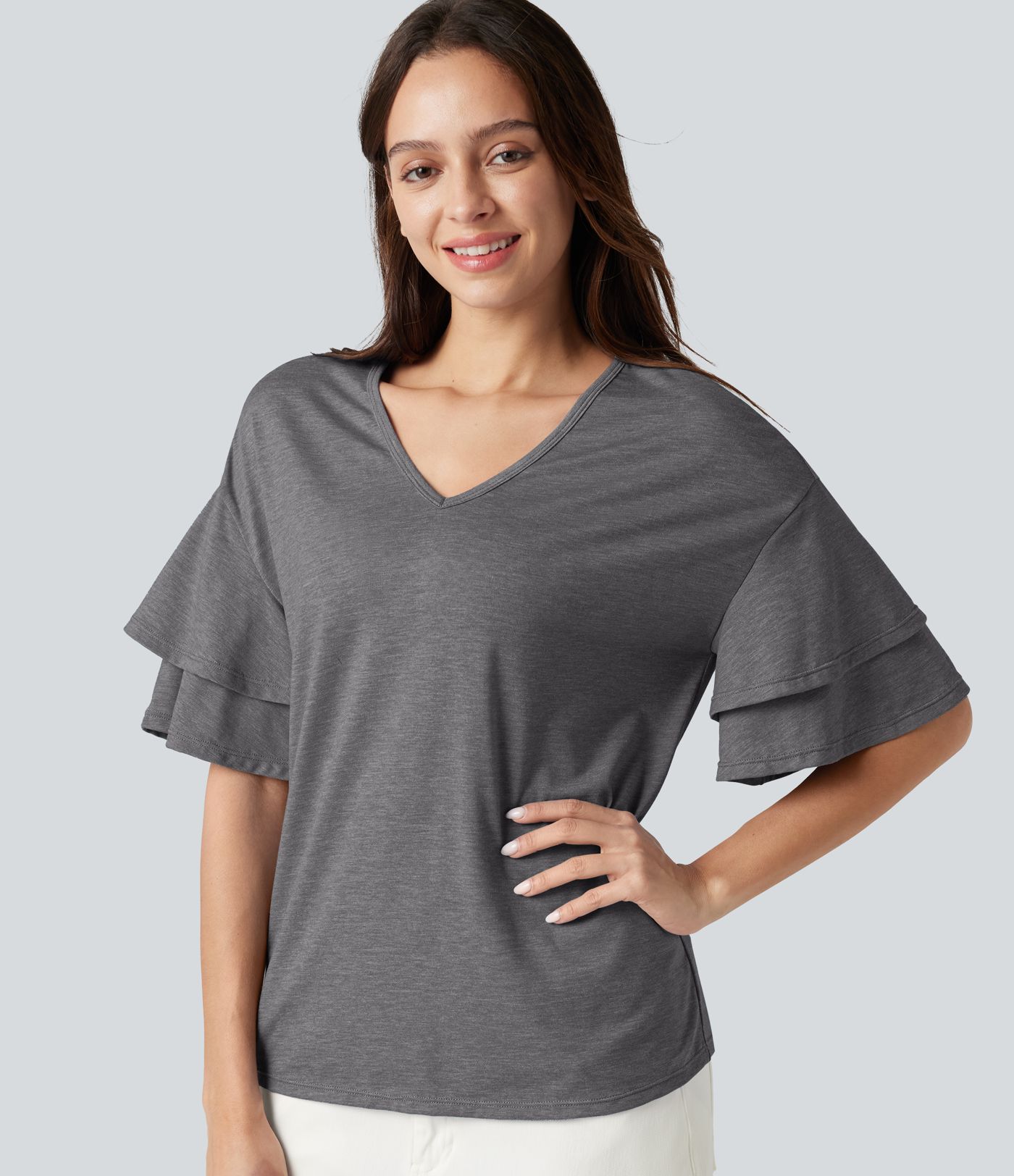 V-neck Flounce Sleeve Casual Top