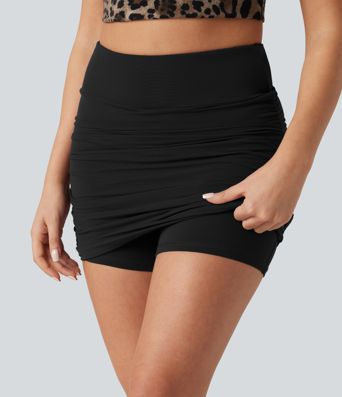 High Waisted Mesh Overlay Ruched Curved Hem 2-in-1 Mini Bodycon Party Skirt