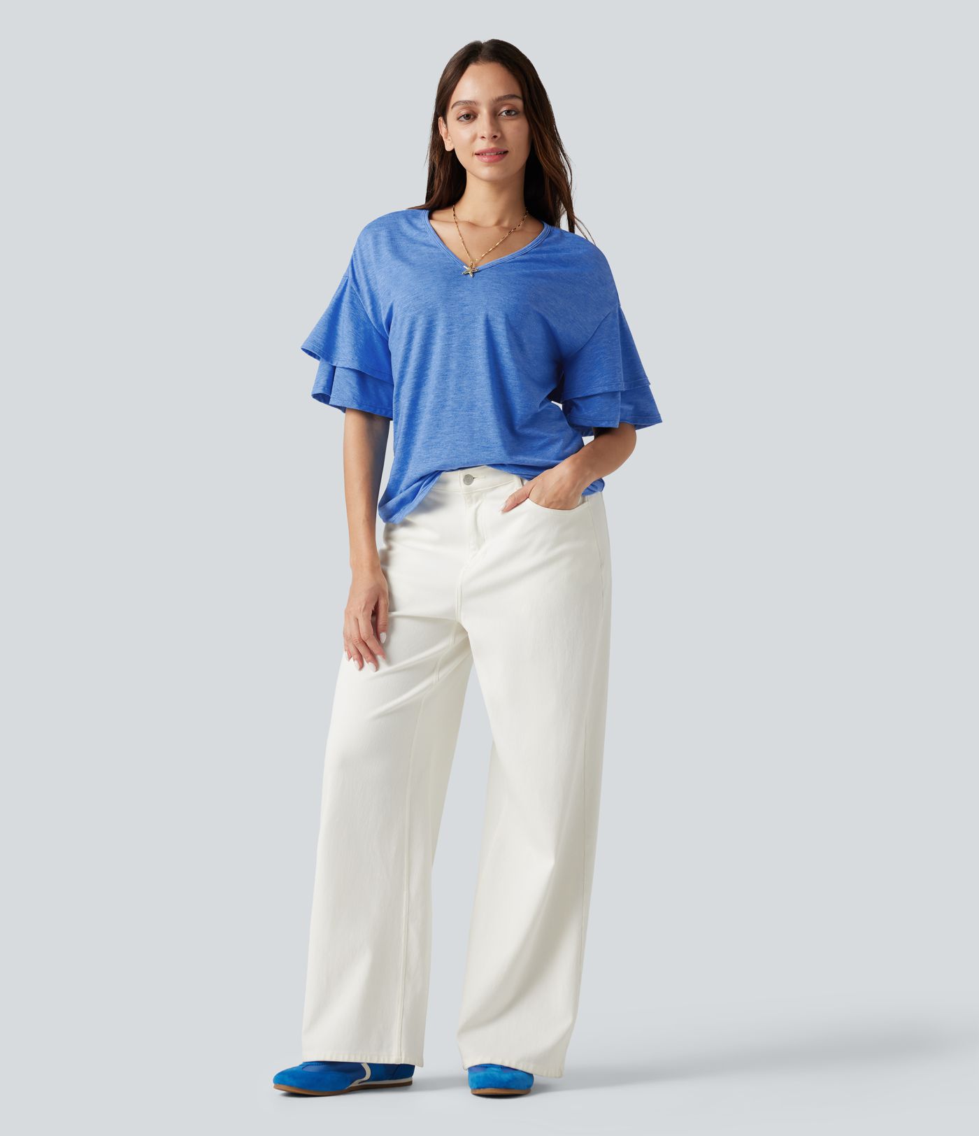 V-neck Flounce Sleeve Casual Top