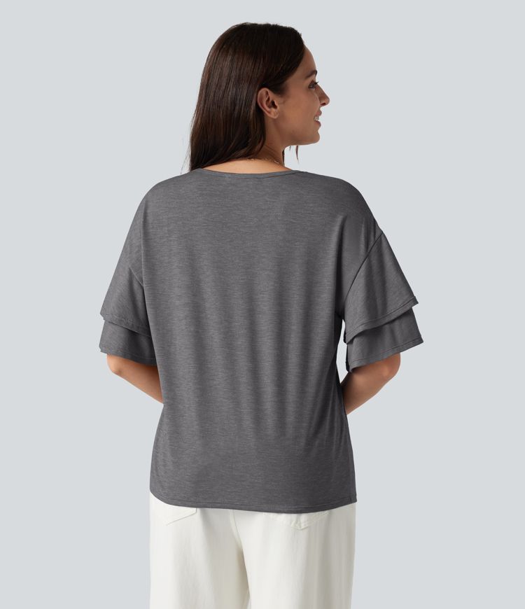 V-neck Flounce Sleeve Casual Top