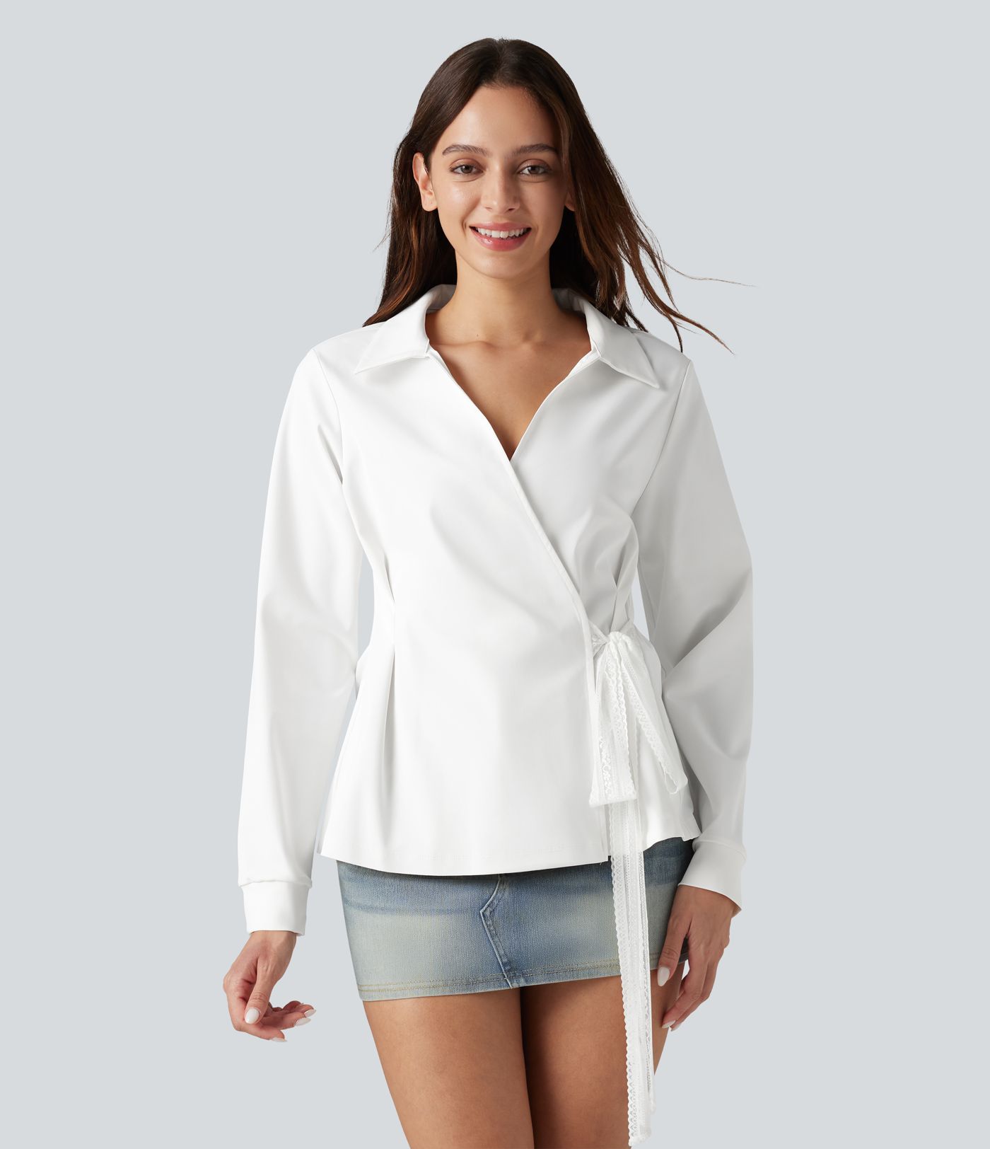 Long Sleeve Tie-side Contrast Lace Wrinkle-resistant Quick Dry Work Shirt