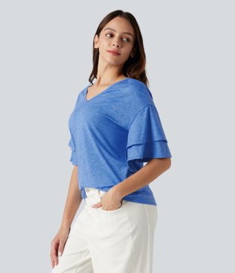 V-neck Flounce Sleeve Casual Top