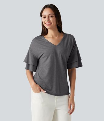 V-neck Flounce Sleeve Casual Top