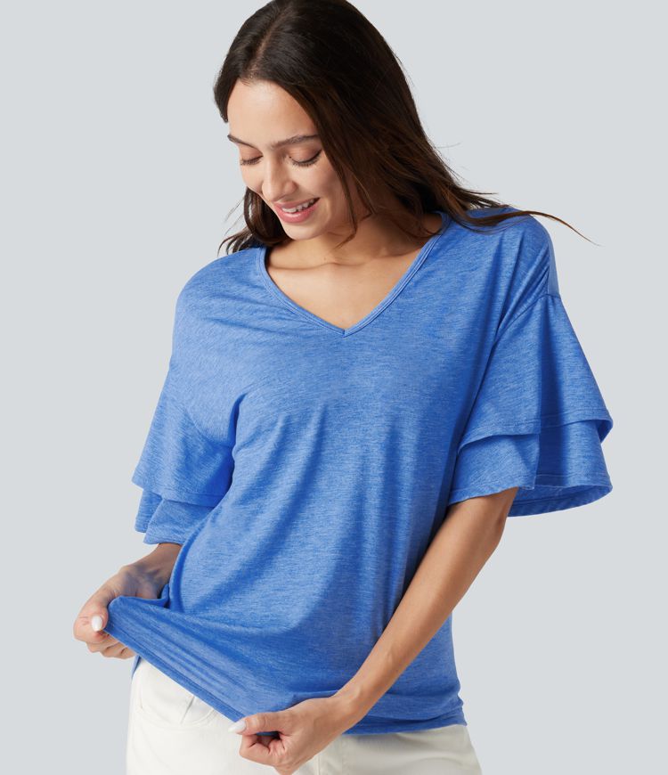 V-neck Flounce Sleeve Casual Top