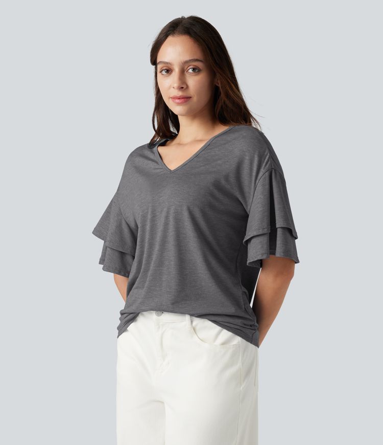 V-neck Flounce Sleeve Casual Top