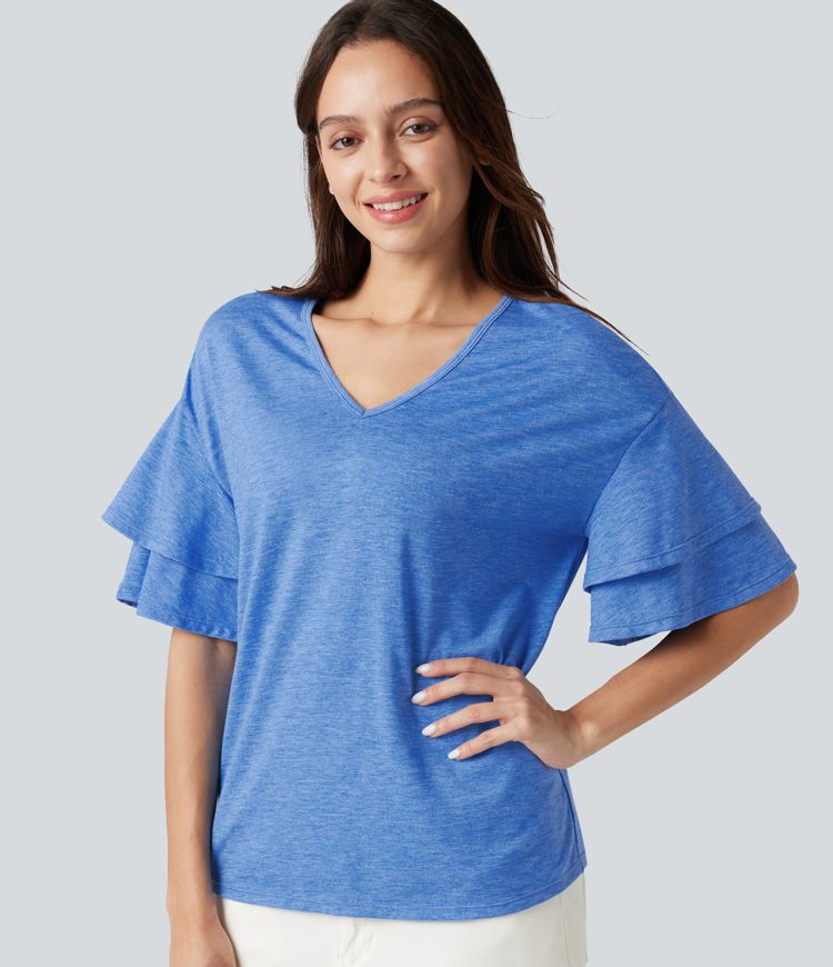 V-neck Flounce Sleeve Casual Top