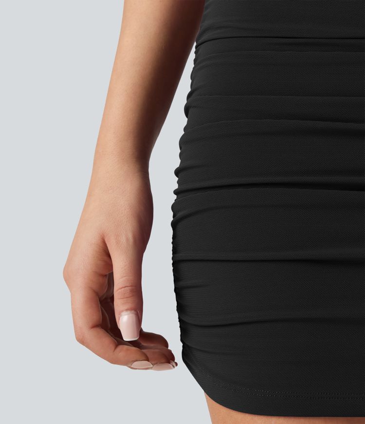 High Waisted Mesh Overlay Ruched Curved Hem 2-in-1 Mini Bodycon Party Skirt