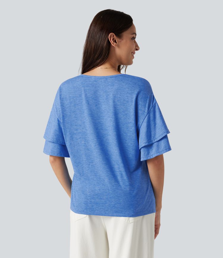 V-neck Flounce Sleeve Casual Top