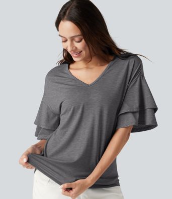 V-neck Flounce Sleeve Casual Top