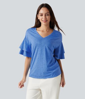 V-neck Flounce Sleeve Casual Top