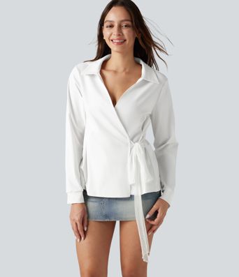 Long Sleeve Tie-side Contrast Lace Wrinkle-resistant Quick Dry Work Shirt