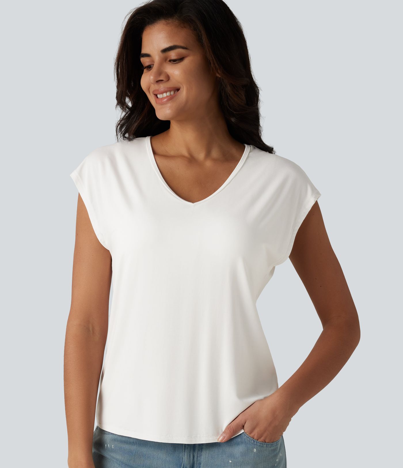 V Neck Short Sleeve Built-in Bra Casual T-Shirt B-DD Cups