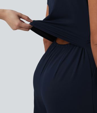 V Neck Short Sleeve Wide Leg Casual Jumpsuit with Pockets-Easy Peezy Edition