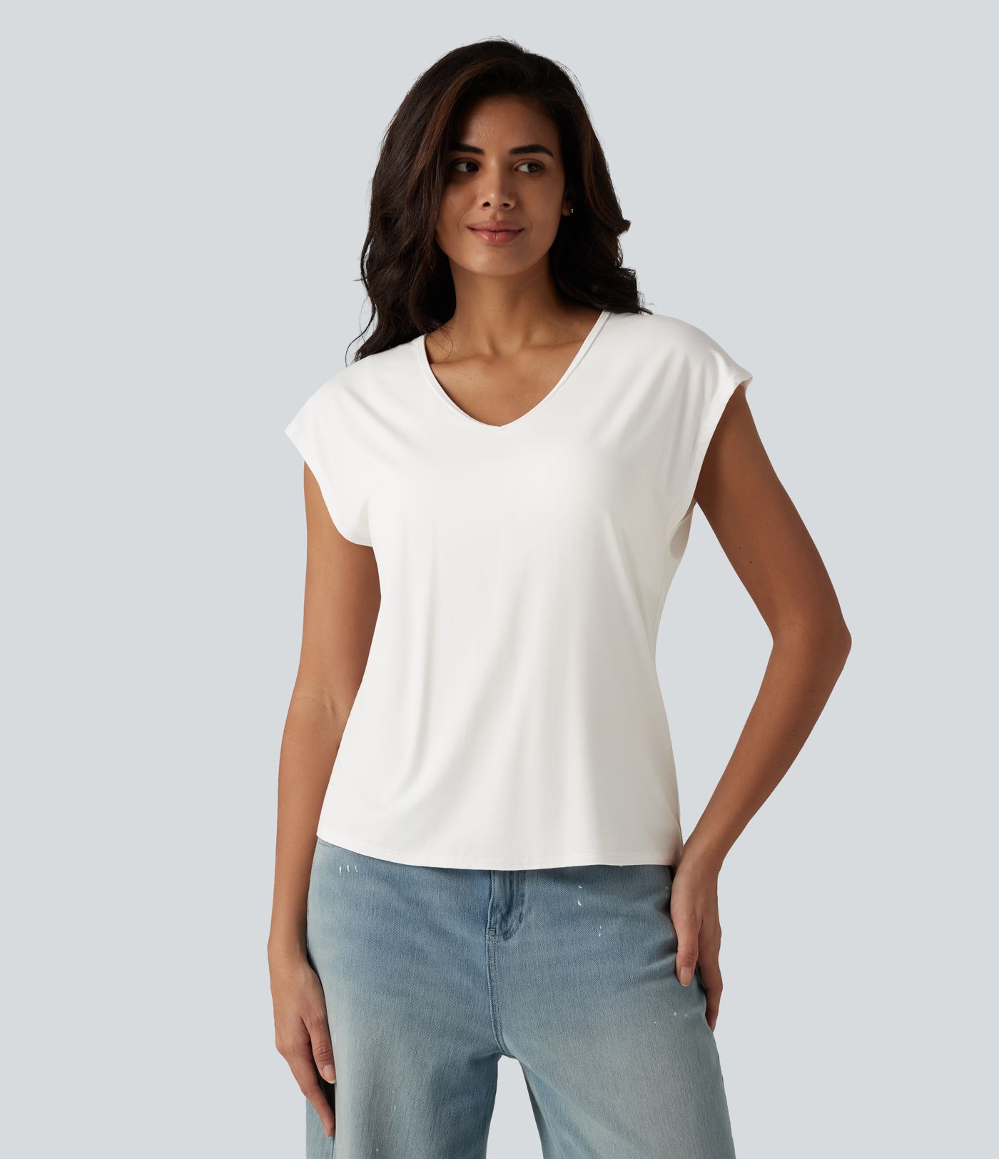 V Neck Short Sleeve Built-in Bra Casual T-Shirt B-DD Cups