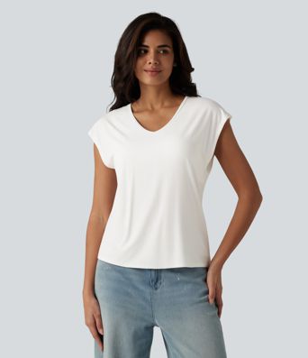 V Neck Short Sleeve Built-in Bra Casual T-Shirt B-DD Cups