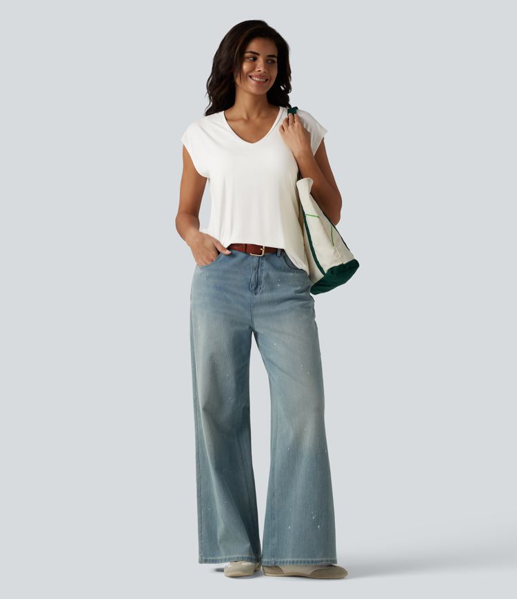 V Neck Short Sleeve Built-in Bra Casual T-Shirt B-DD Cups