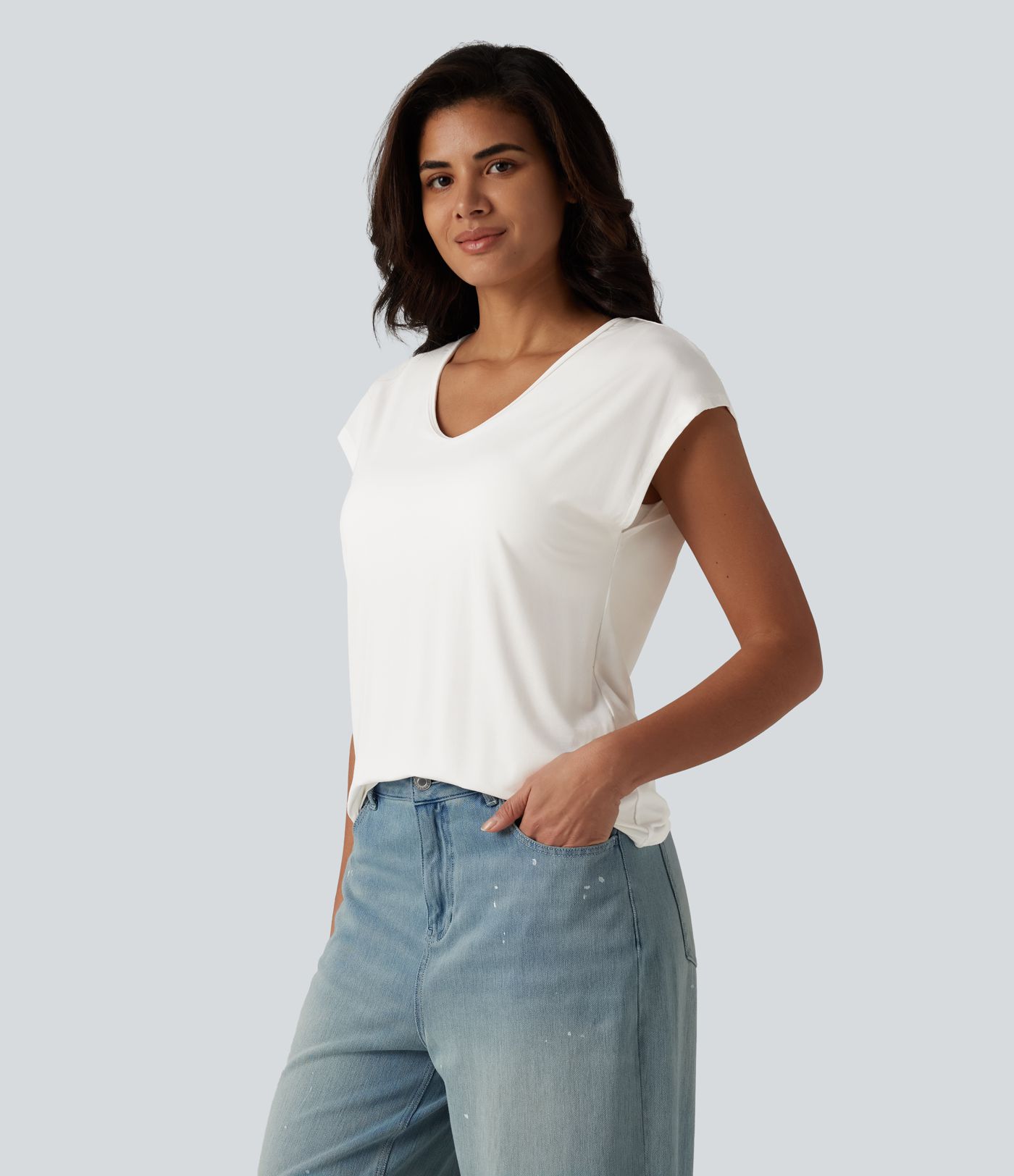 V Neck Short Sleeve Built-in Bra Casual T-Shirt B-DD Cups