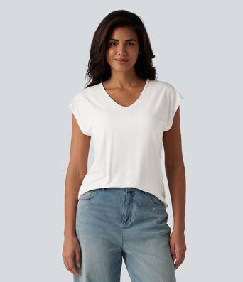 V Neck Short Sleeve Built-in Bra Casual T-Shirt B-DD Cups