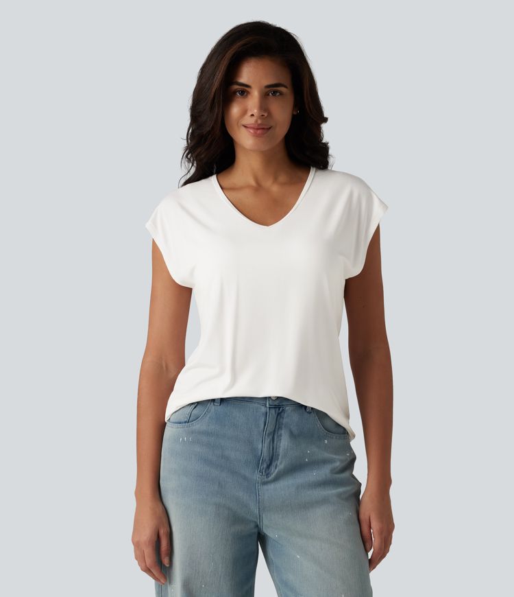 V Neck Short Sleeve Built-in Bra Casual T-Shirt B-DD Cups