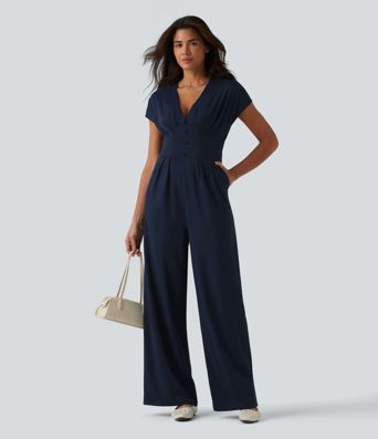 V Neck Short Sleeve Wide Leg Casual Jumpsuit with Pockets-Easy Peezy Edition