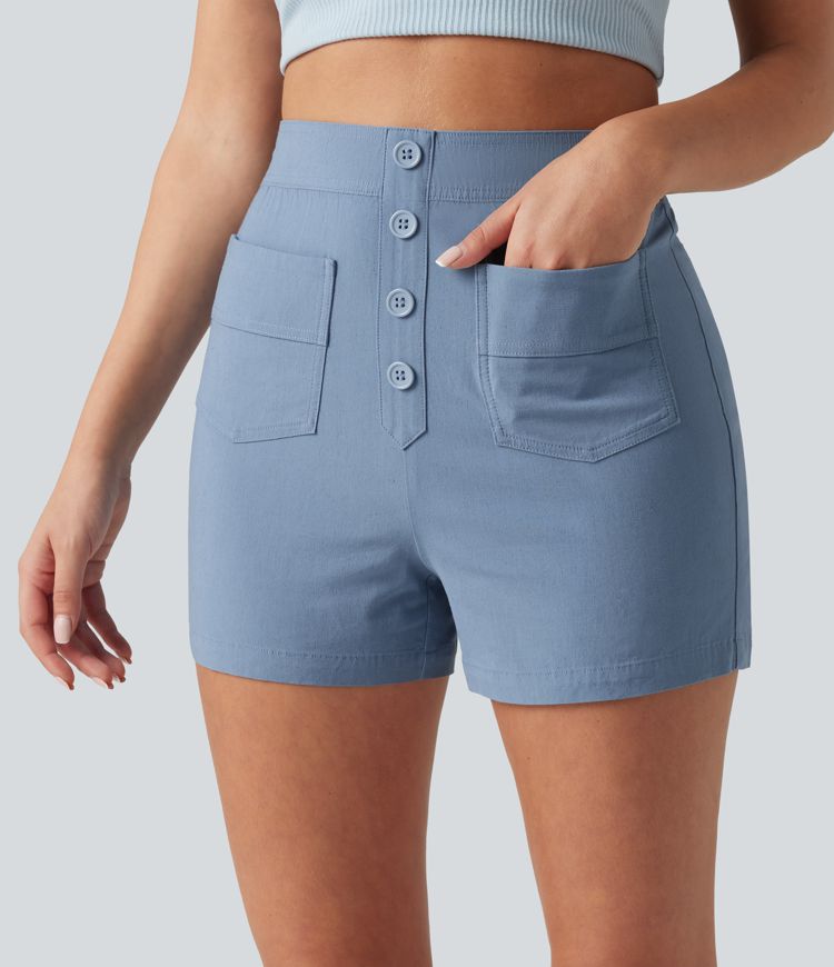 Short décontracté taille haute en lin stretch 7,5 cm avec poches