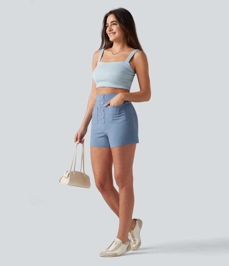 Short décontracté taille haute en lin stretch 7,5 cm avec poches