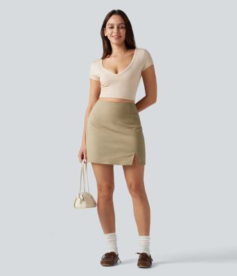 High Waisted Invisible Zipper Split 2-in-1 Casual Stretch Linen Skirt