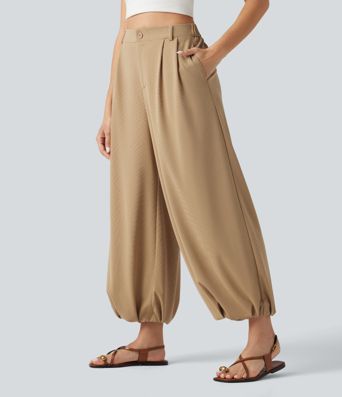 Jogging décontracté taille haute en maille gaufrée avec poches