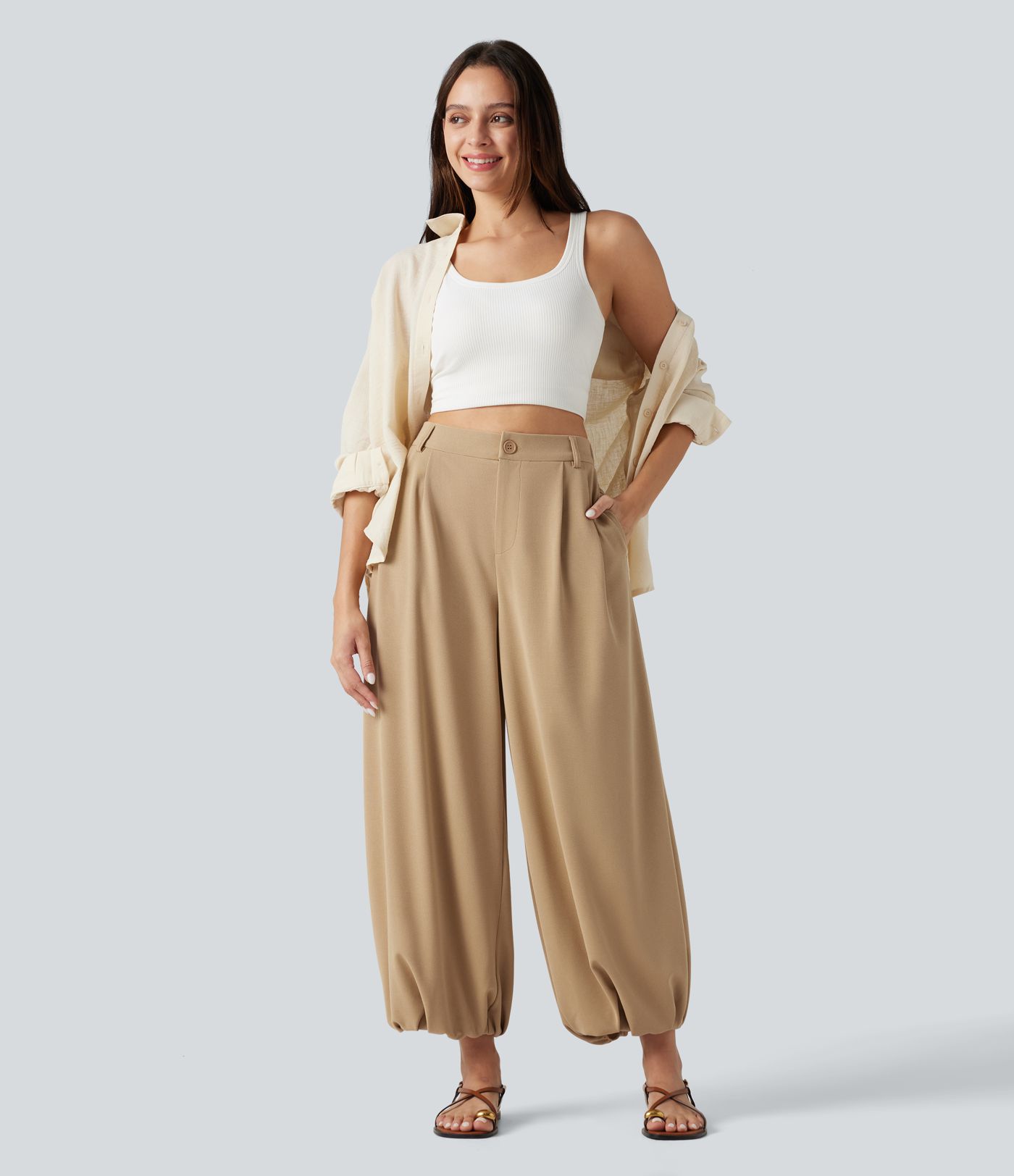 Jogging décontracté taille haute en maille gaufrée avec poches